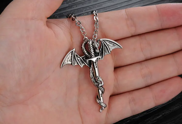 Silver & Gold Dragon & Sword Necklace Stainless Steel Goth, GOT Game of Thrones