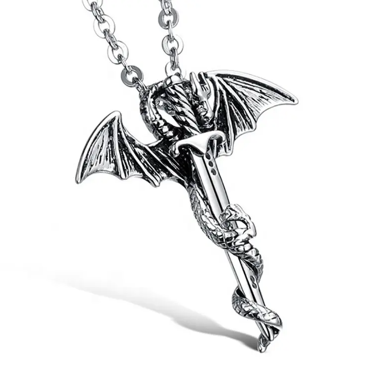 Silver & Gold Dragon & Sword Necklace Stainless Steel Goth, GOT Game of Thrones