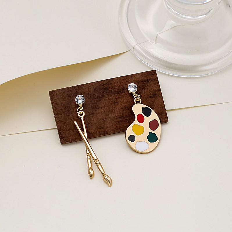 Asymmetrical Art Palette & Brush Gold Earrings