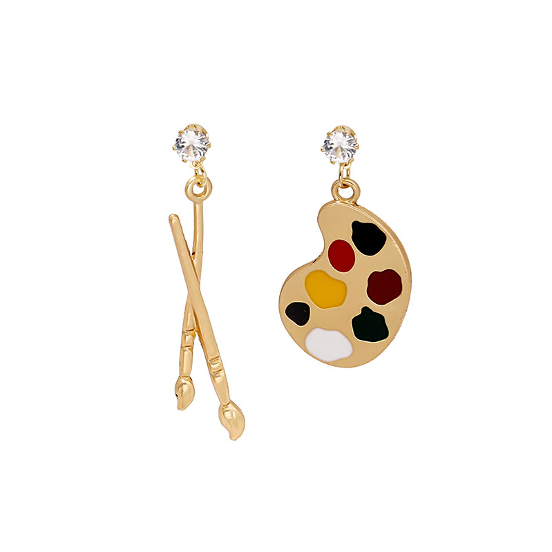 Asymmetrical Art Palette & Brush Gold Earrings