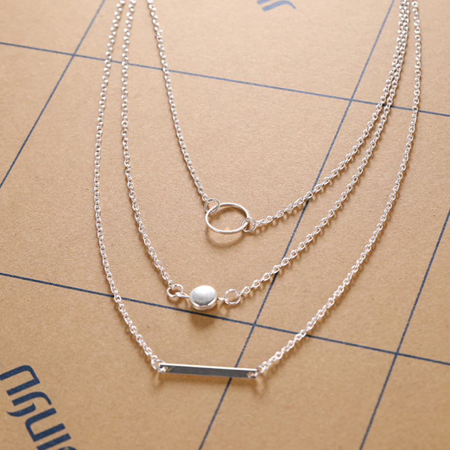 3 Piece Strand Layered Medallion, Long Bar, Hoop Geometric Necklace
