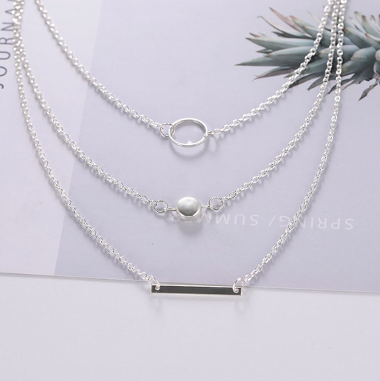 3 Piece Strand Layered Medallion, Long Bar, Hoop Geometric Necklace