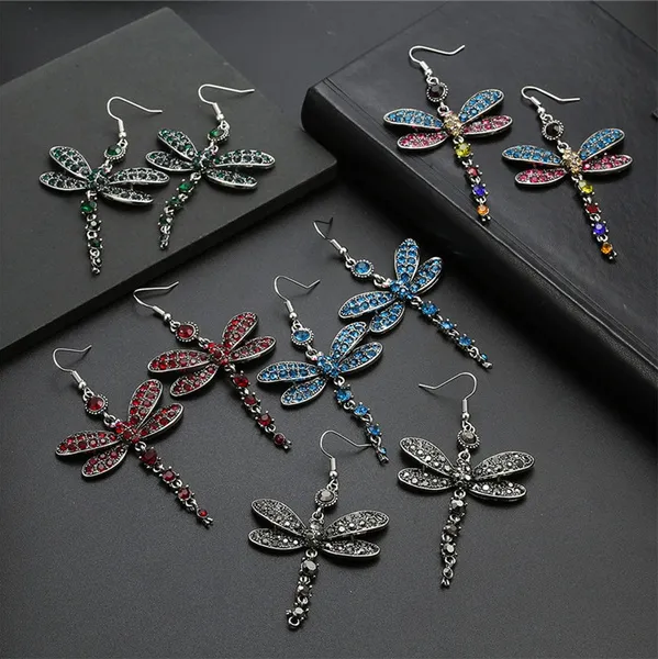 Colorful Crystal Dragonfly Dangle Earrings