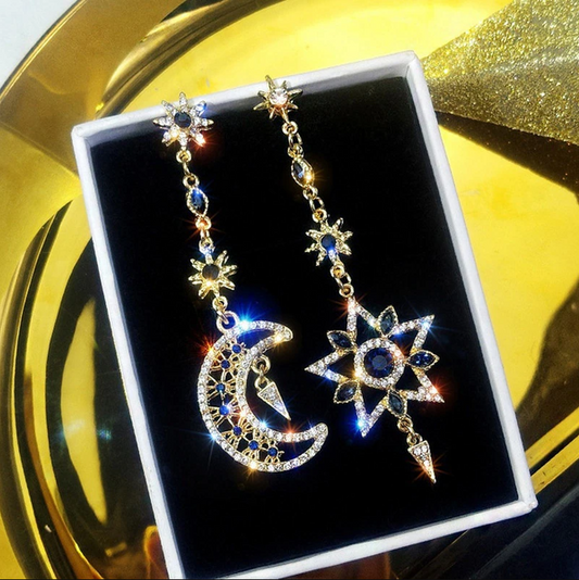 Asymmetrical Celestial Moon & Star Drop Earrings