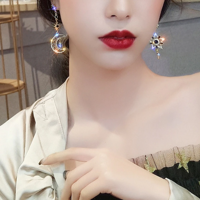 Asymmetrical Celestial Moon & Star Drop Earrings