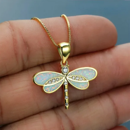 Opal Dragonfly Gold Pendant Necklace
