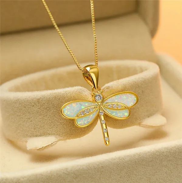 Opal Dragonfly Gold Pendant Necklace