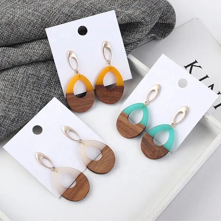 Wooden Geometric Teardrop Acrylic Earrings
