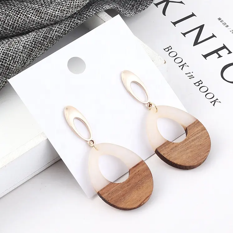 Wooden Geometric Teardrop Acrylic Earrings