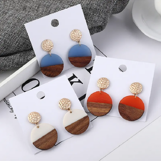 Wooden Geometric Round Resin Earrings