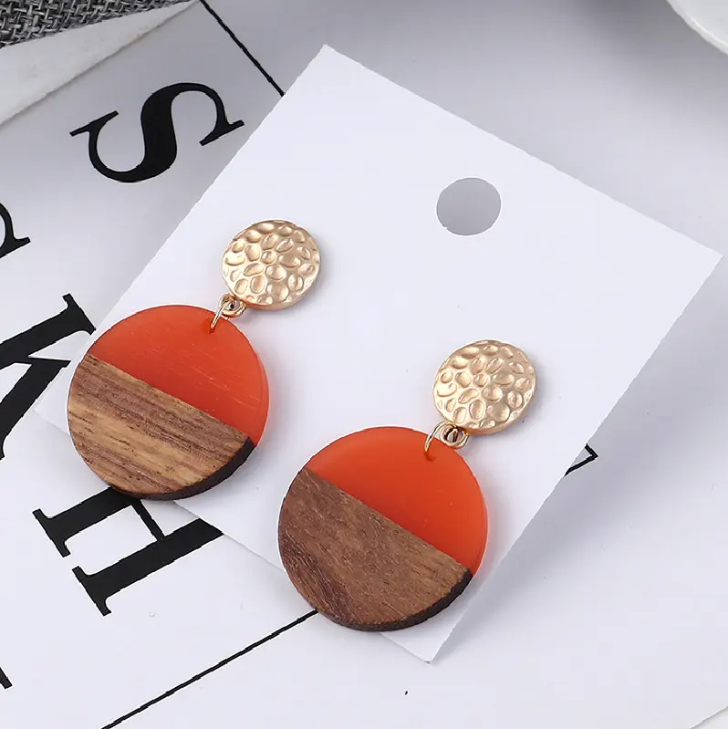 Wooden Geometric Round Resin Earrings