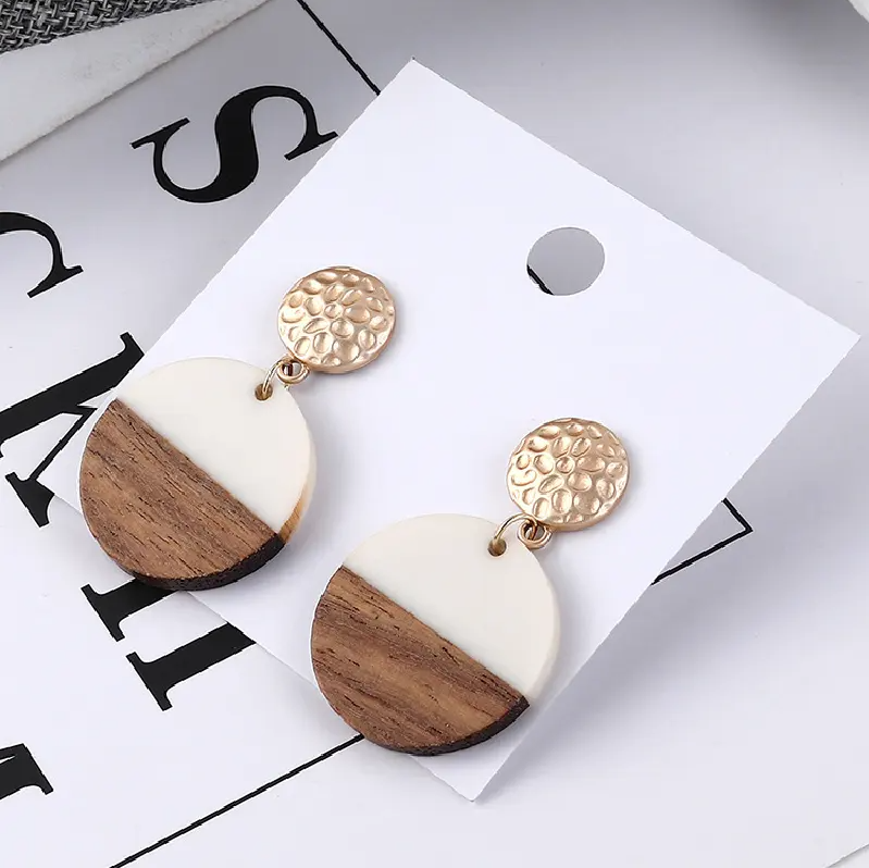 Wooden Geometric Round Resin Earrings