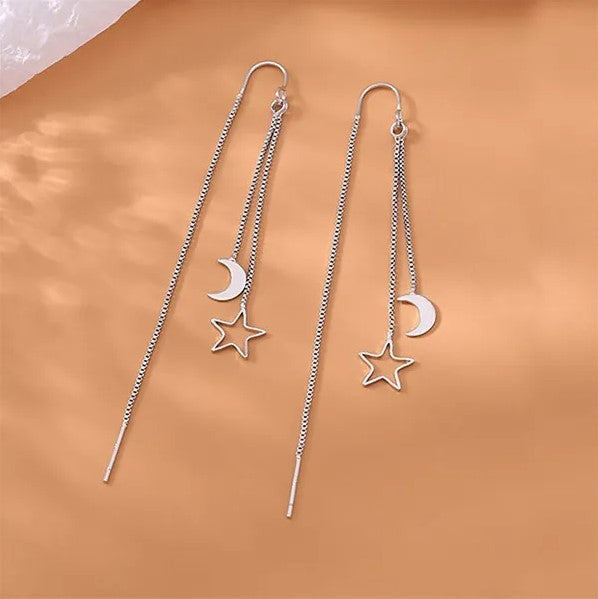 Silver Moon Star Long Tassel Earrings