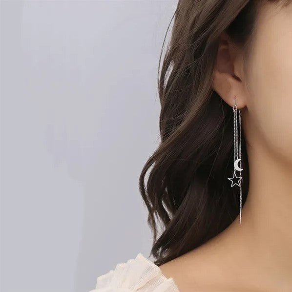 Silver Moon Star Long Tassel Earrings