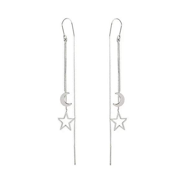 Silver Moon Star Long Tassel Earrings