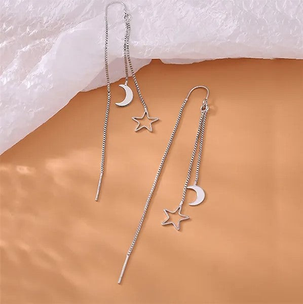 Silver Moon Star Long Tassel Earrings