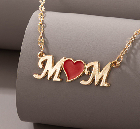 Mom with Red Heart Gold Neckalce