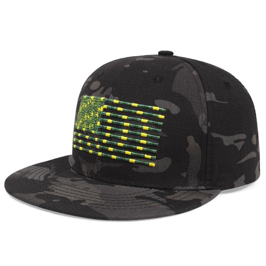 Green & Yellow American Flag Flat Bill Camo Baseball Cap