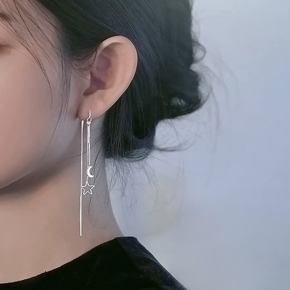 Silver Moon Star Long Tassel Earrings