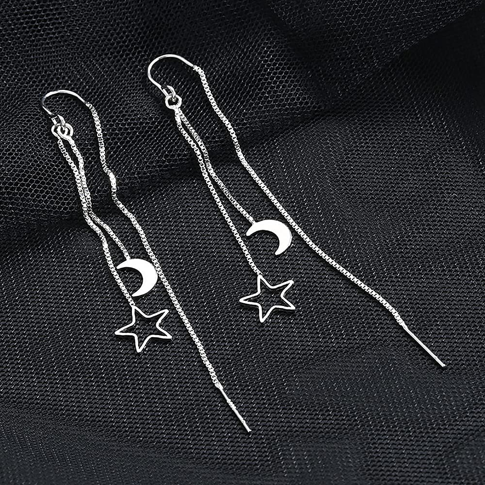 Silver Moon Star Long Tassel Earrings