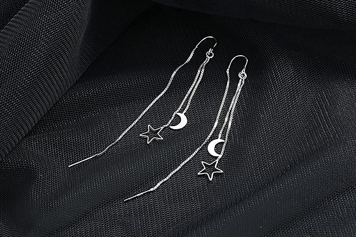Silver Moon Star Long Tassel Earrings