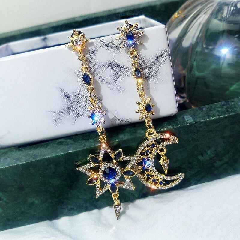 Asymmetrical Celestial Moon & Star Drop Earrings