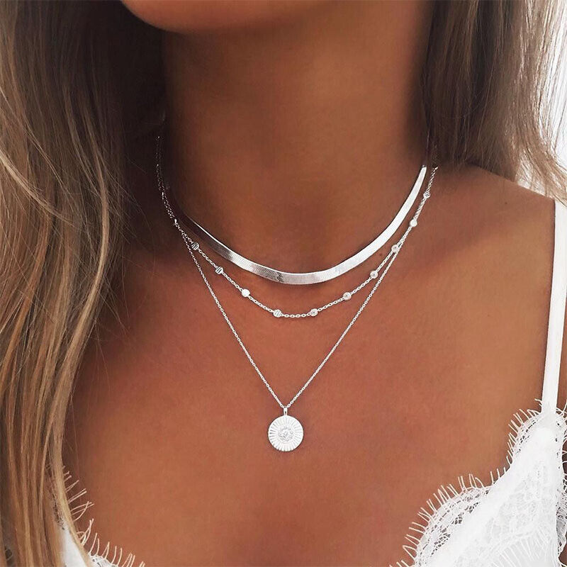 Trendy Silver Women Three Layered Choker Necklace