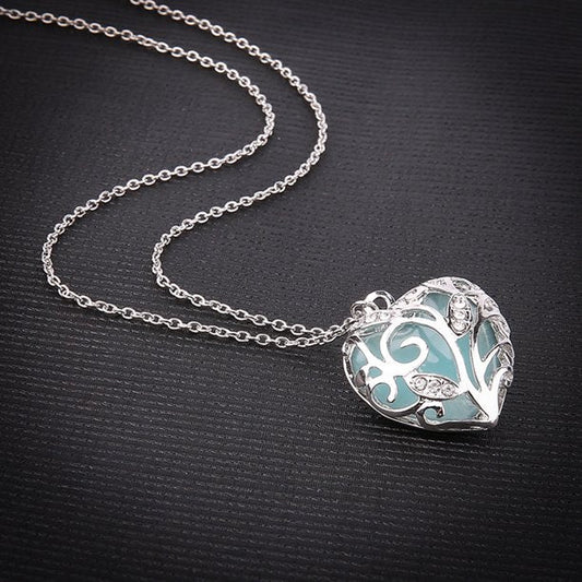 Luminous Blue Heart, Glow in the Dark Silver Necklace