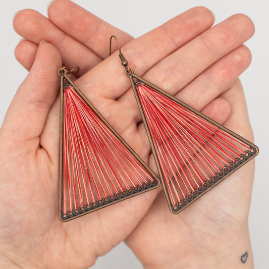 Red Geometric Triangle Woven Cloth Boho Earrings