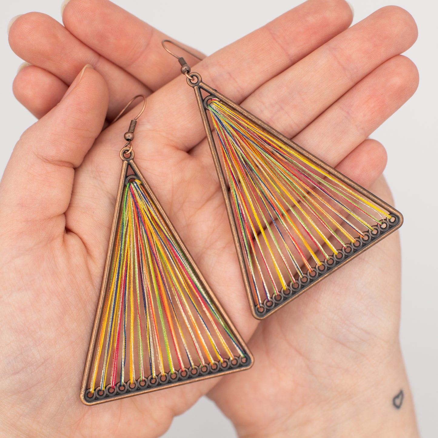 Rainbow Geometric Triangle Woven Cloth Boho Earrings