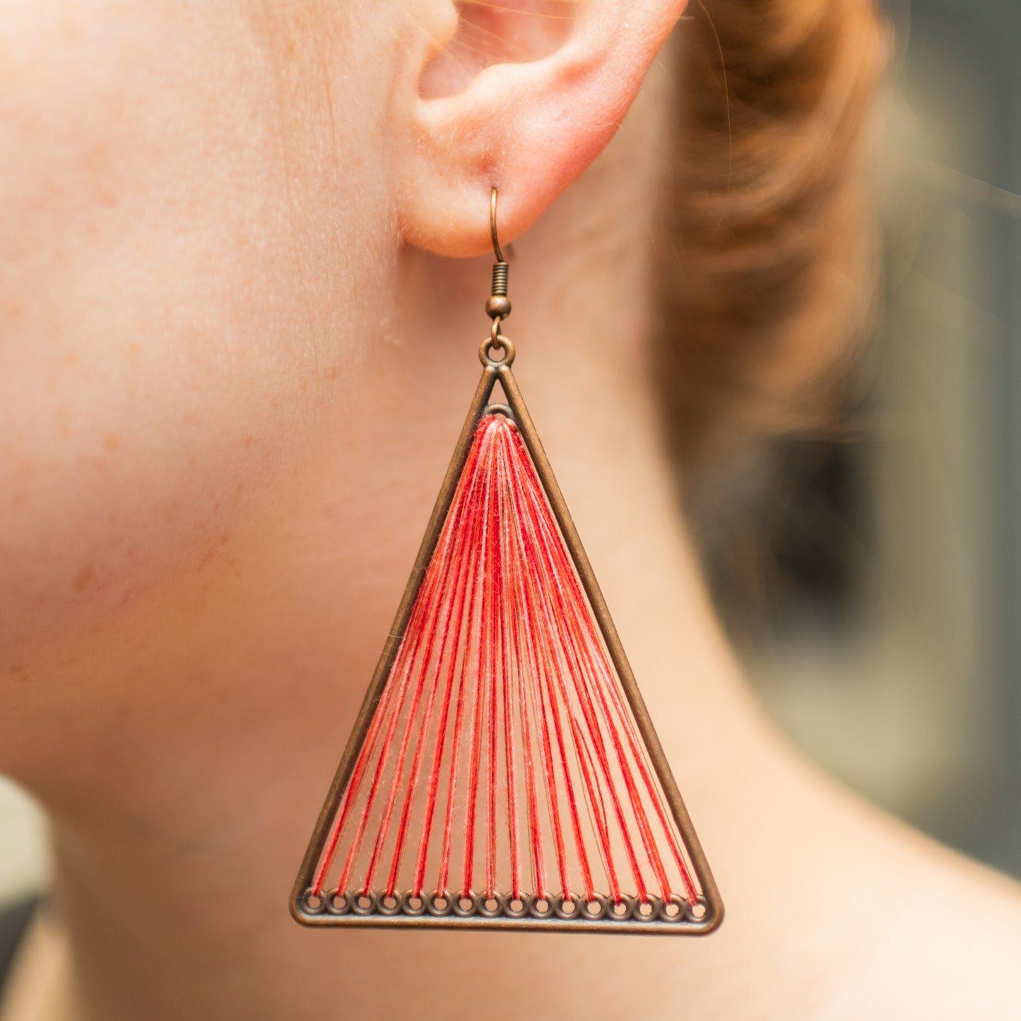Red Geometric Triangle Woven Cloth Boho Earrings