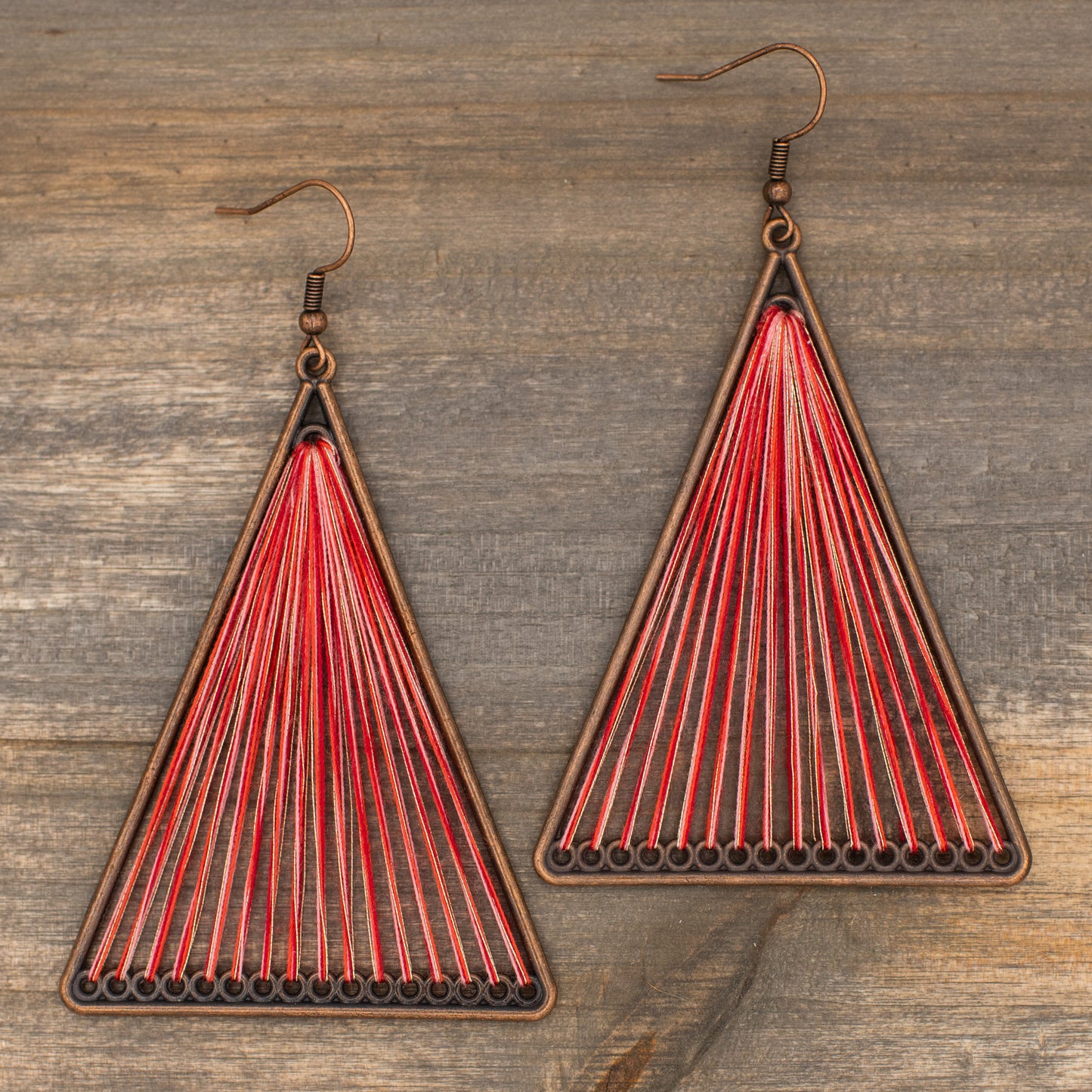 Red Geometric Triangle Woven Cloth Boho Earrings