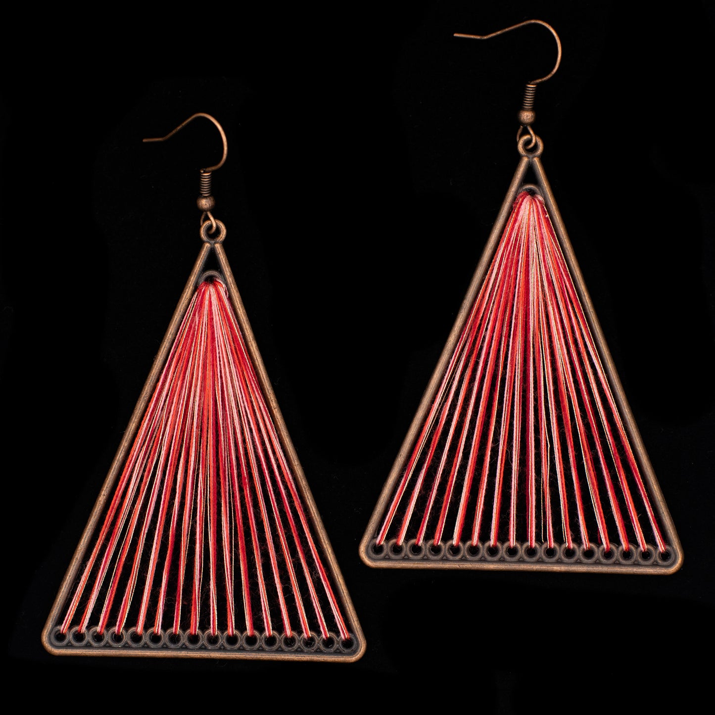 Red Geometric Triangle Woven Cloth Boho Earrings