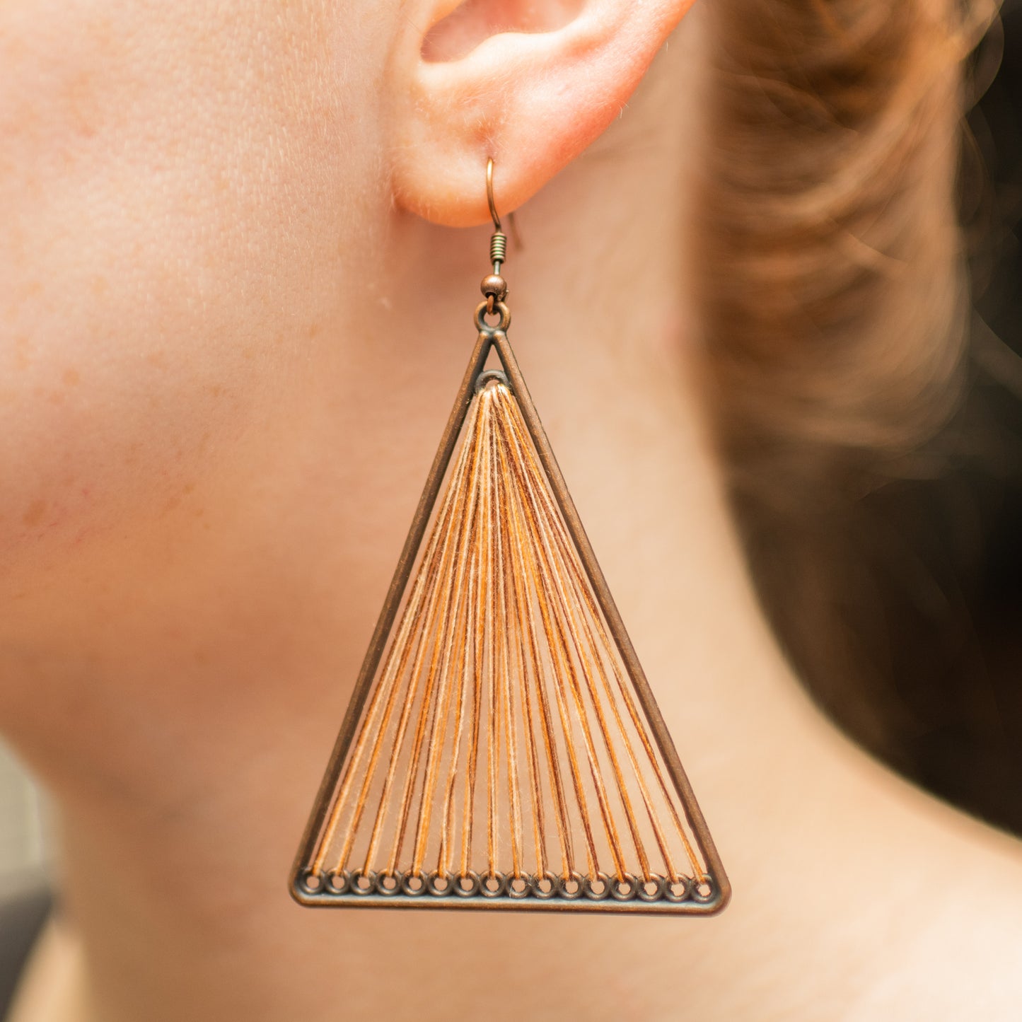 Brown Geometric Triangle Woven Cloth Boho Earrings