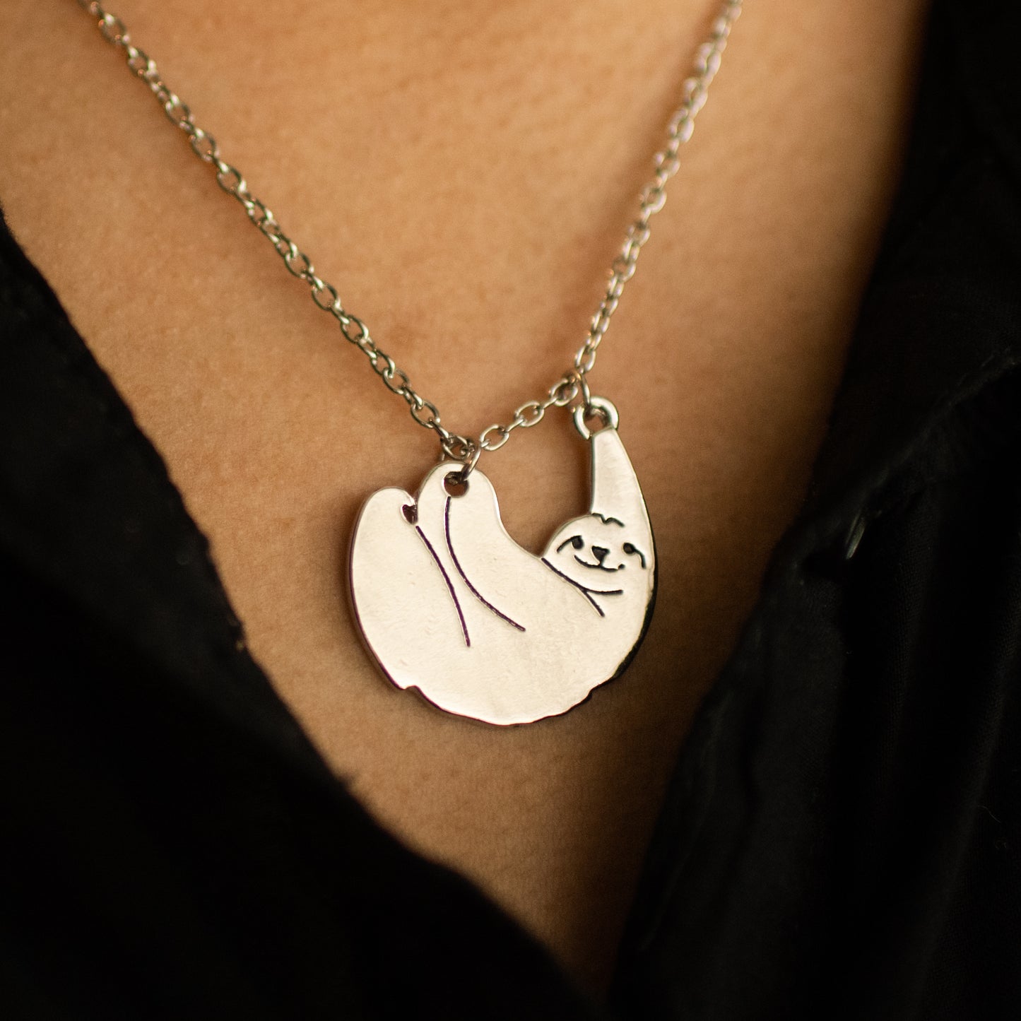 Cute Silver Hanging Sloth Animal Pendant Necklace