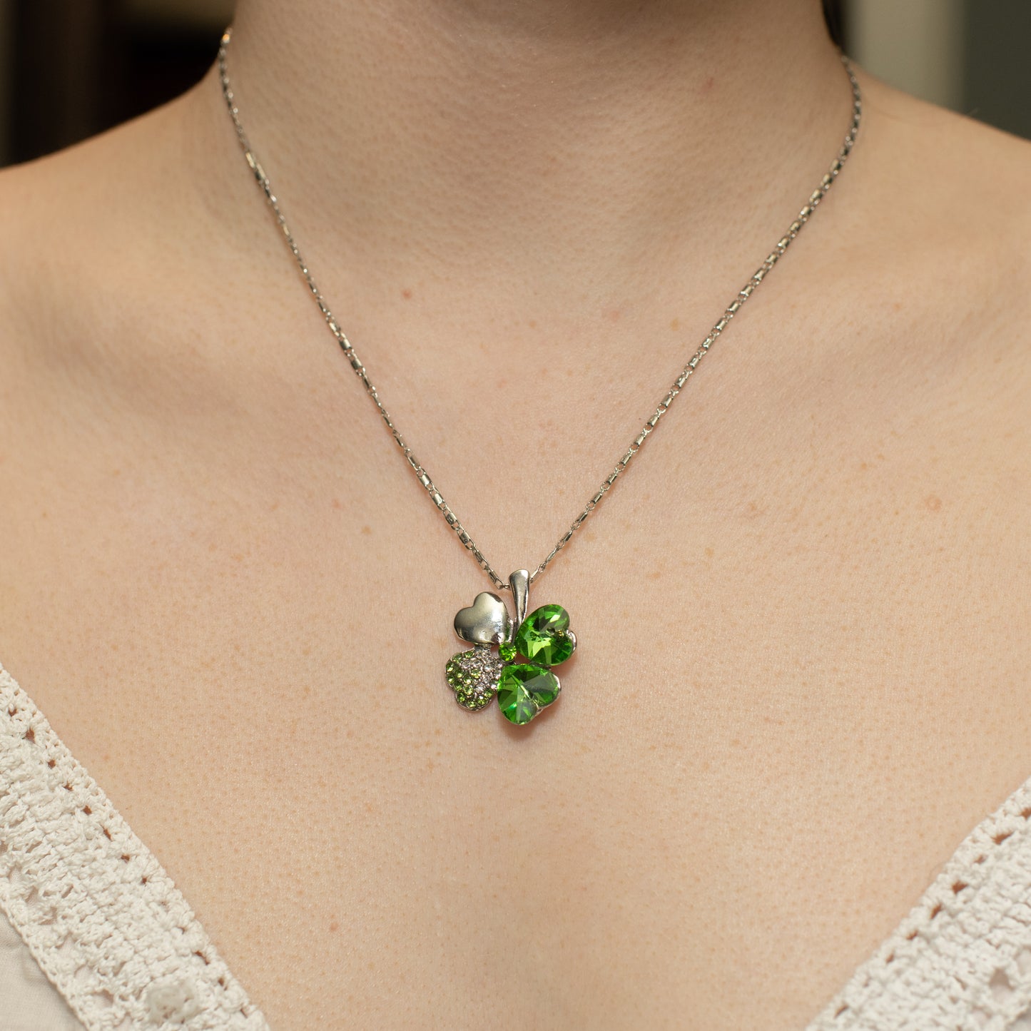 Four Leaf Clover Green and Silver Crystal Necklace