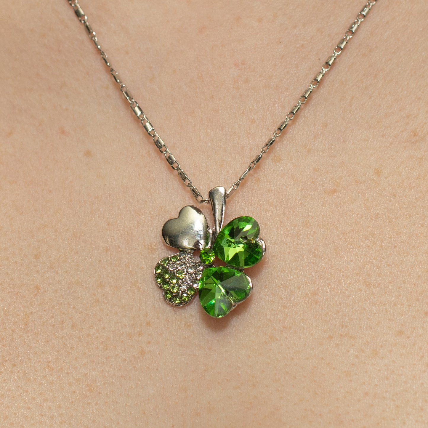 Four Leaf Clover Green and Silver Crystal Necklace