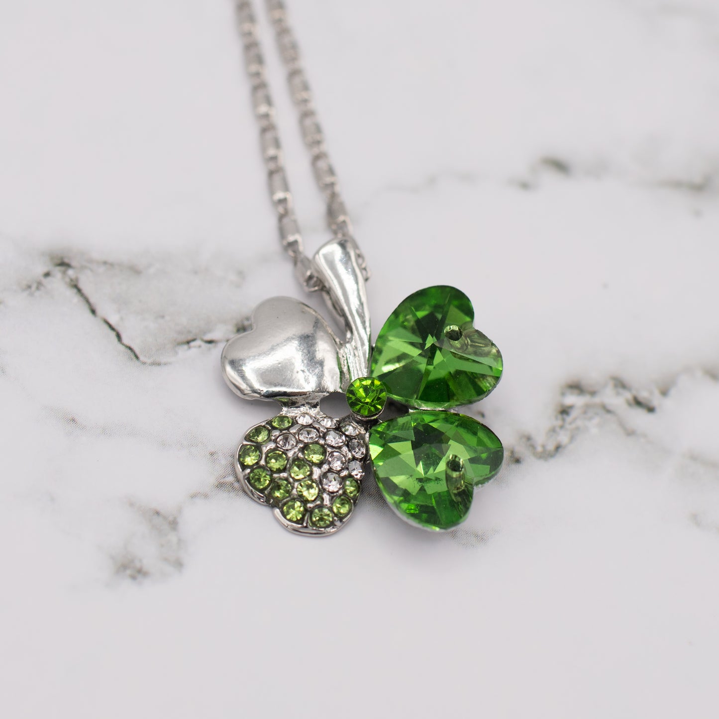 Four Leaf Clover Green and Silver Crystal Necklace