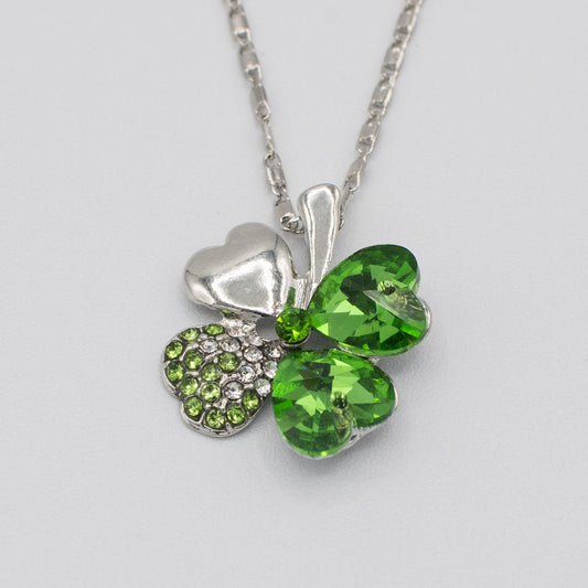 Four Leaf Clover Green and Silver Crystal Necklace