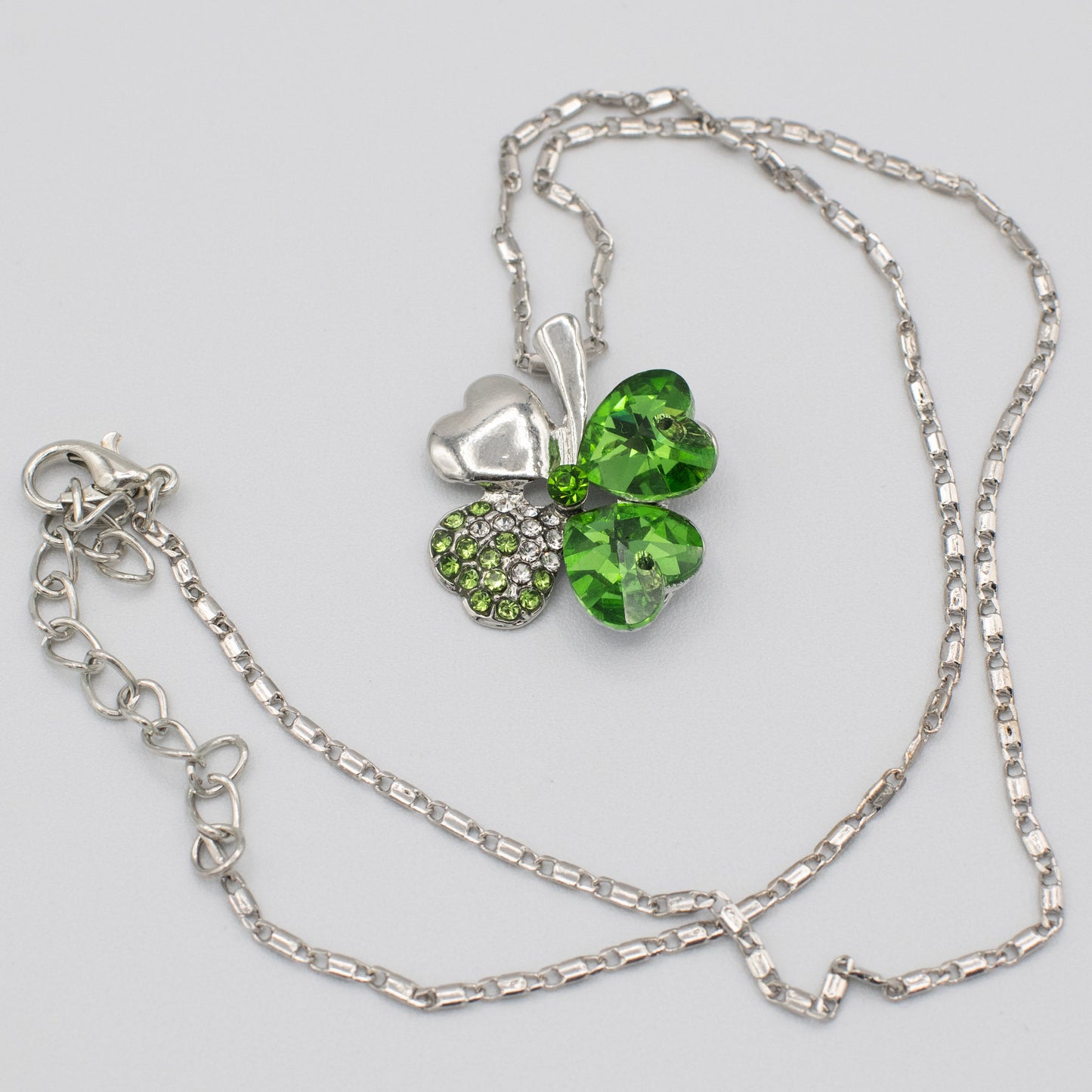 Four Leaf Clover Green and Silver Crystal Necklace