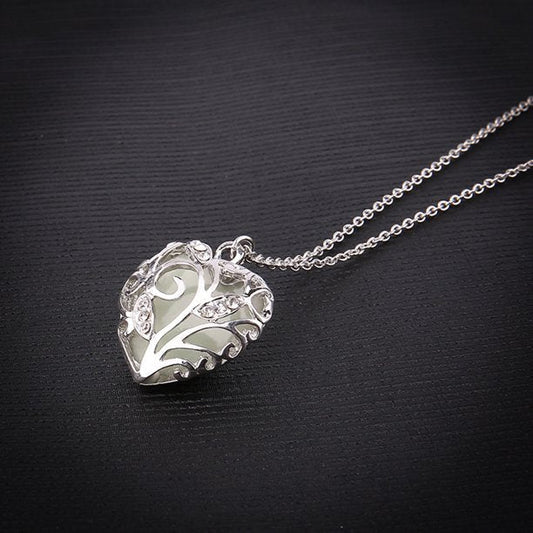 Luminous Green Heart, Glow in the Dark Silver Necklace
