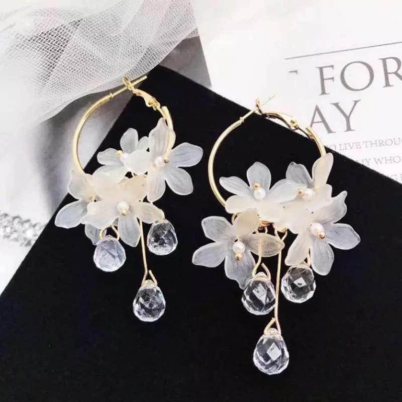 Crystal White Flower Hoop Earrings