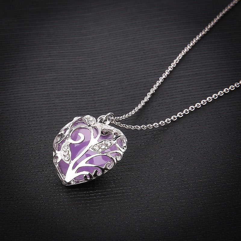 Luminous Purple Heart, Glow in the Dark Silver Necklace