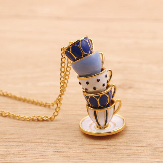 Stacked Teacups Tea Cup Necklace - Purple & White