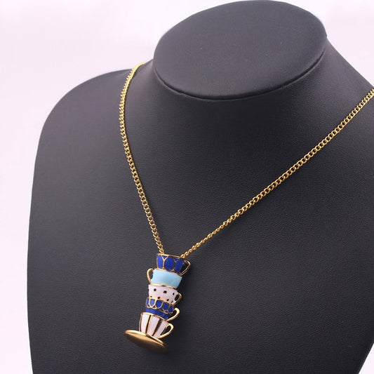 Stacked Teacups Tea Cup Necklace - Purple & White