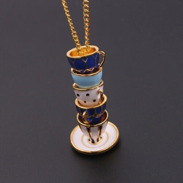 Stacked Teacups Tea Cup Necklace - Purple & White