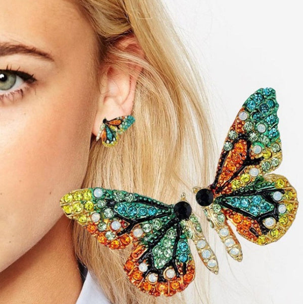 Colorful Crystal Rainbow Butterfly Wing Earrings