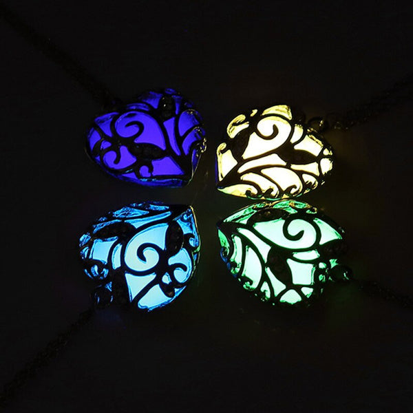 Luminous Purple Heart, Glow in the Dark Silver Necklace