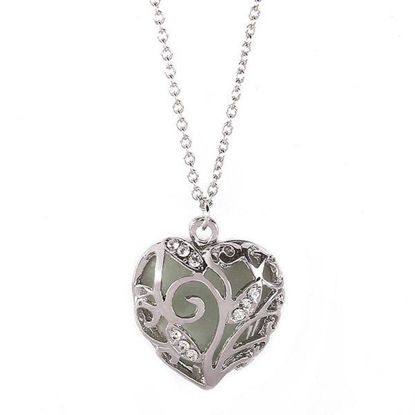 Luminous Purple Heart, Glow in the Dark Silver Necklace