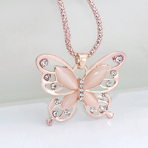 Super Cute Rose Gold, Pink Opal Butterfly Necklace